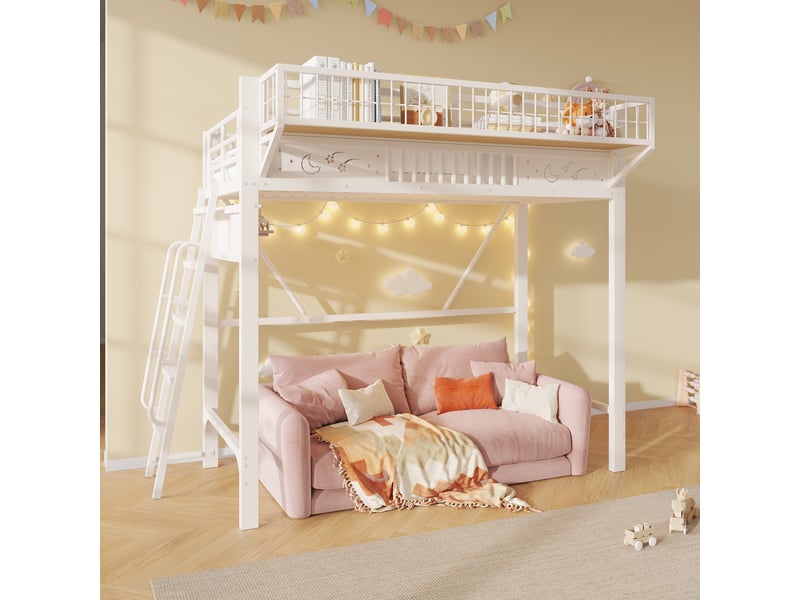 Lit mezzanine 1 place 90×200 cm, rangements et espace ouvert - sans matelas, métal - blanc - Conforama C