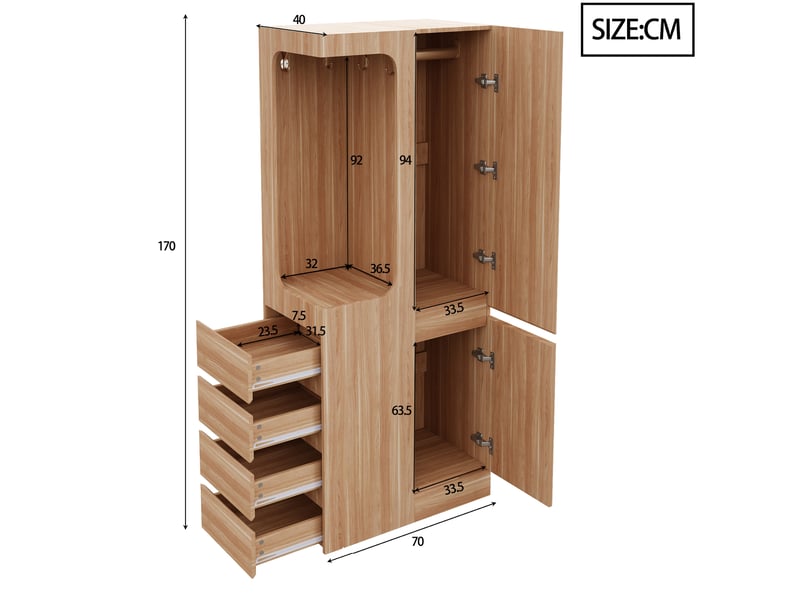  Armoire 2 porte(s) 4 tiroir(s) coloris naturel largeur 70 cm bois massif armoire naturel - Conforama C