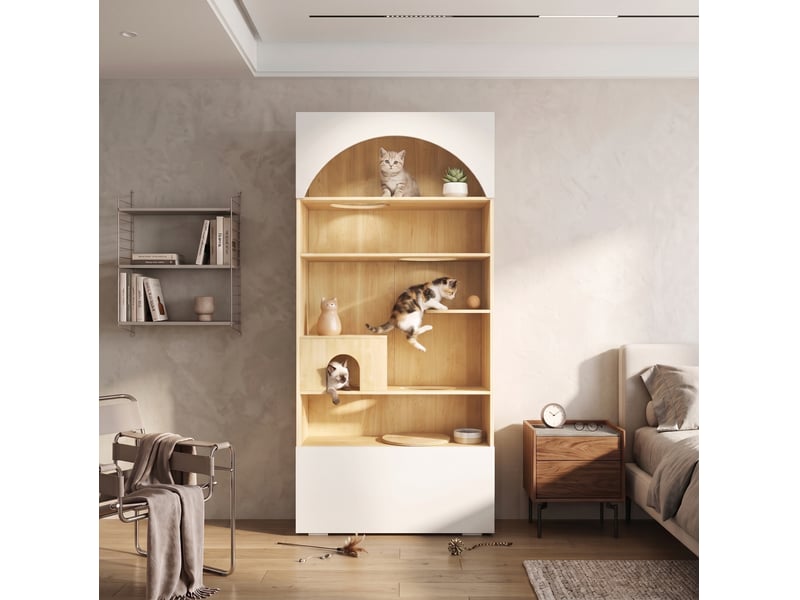 Meuble pour félins multifonction blanc et bois clair, escalade, repos et rangement vertical à domicile - Conforama E
