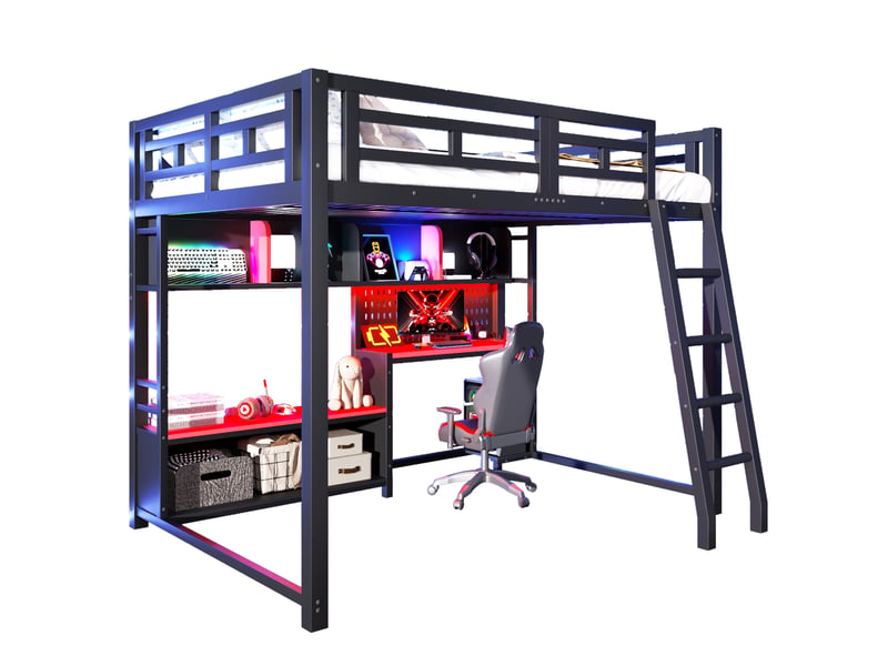  Lit mezzanine 140 × 200 cm 2 places avec bureau, led réglable et étagères, sans matelas, en mdf et métal noir  - Conforama A