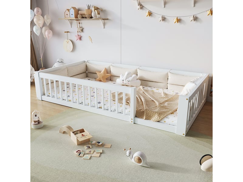 Lit enfant sécurisé 90x200 barrières coussins blanc  - Conforama E