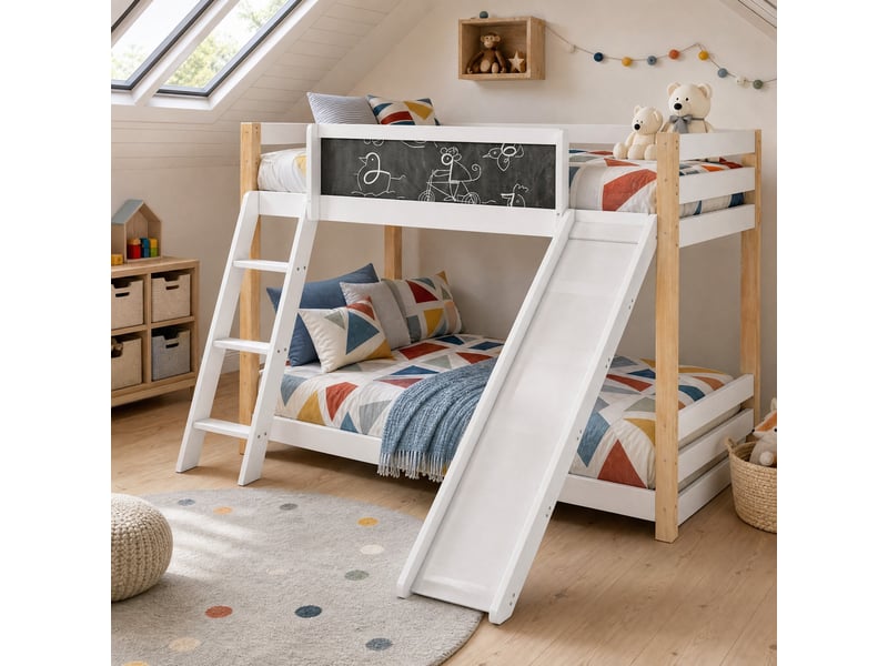 Lit superposé, lit 2 places avec toboggan, échelle et tableau, 200×90 cm et 190×90 cm, sans matelas, blanc - Conforama C