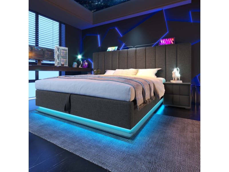  Lit coffre 180×200cm, lit adulte, charge, led intégré 360°, tête de lit, espace de rangement, lin, métal, bois, gris, lit 2 places  - Conforama E