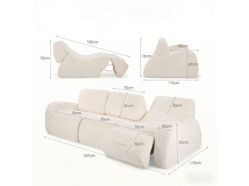  Canapé modulable 3 places 247x115x76 cm - canapé d’angle convertible - sofa cloud sans montage - fonction lit - velours côtelé - beige CozyNest - Conforama C
