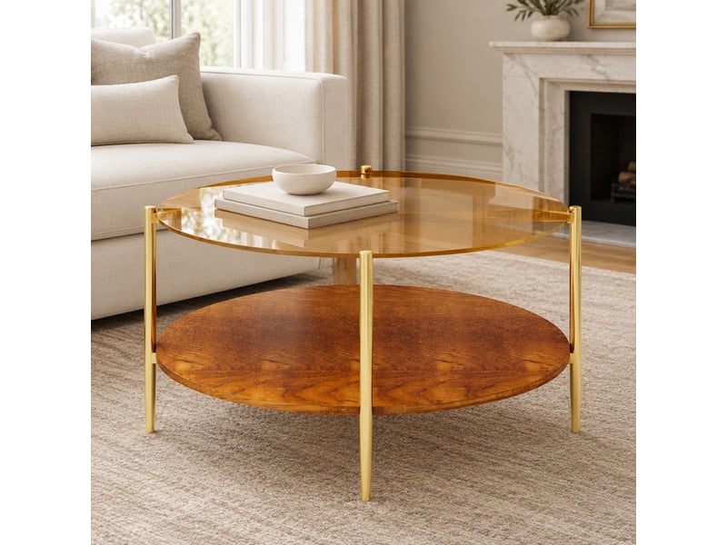  Table basse ronde à deux niveaux avec rangement - lpospi - plateau en verre trempé, bois et métal doré 82 × 45 cm  - Conforama B