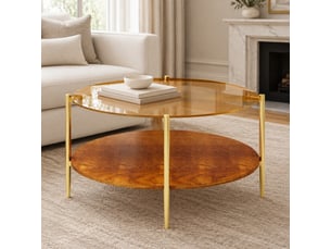 Table basse ronde à deux niveaux avec rangement - plateau en verre trempé, bois et métal doré 82 × 45 cm