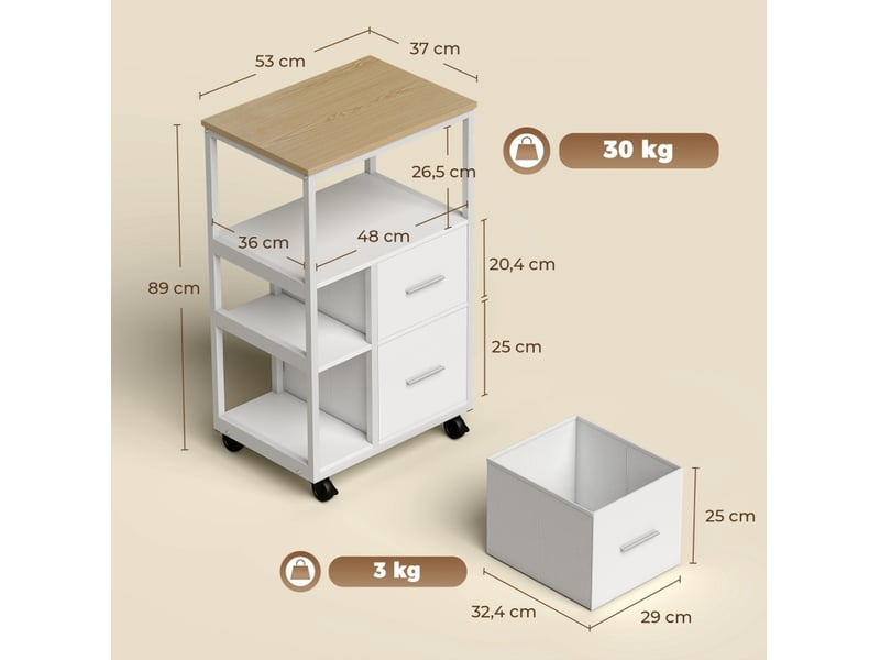 Desserte de cuisine blanche à roulettes, 2 tiroirs et rangement ouvert, compacte pour petits espaces au quotidien - Conforama C