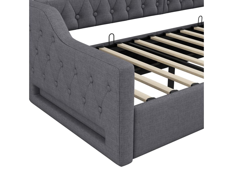  Lit banquette 140x200 - tissu gris avec bande led - lit coffre - grand rangement, sommier à lattes inclus, dossier capitonné  - Conforama D
