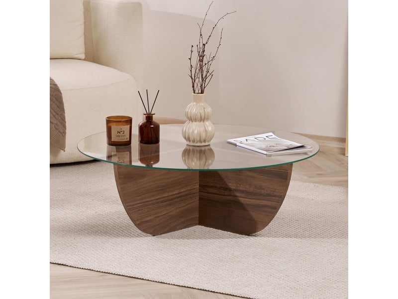  Table basse en verre piètement couleur bois foncé d90 cm  - Conforama E