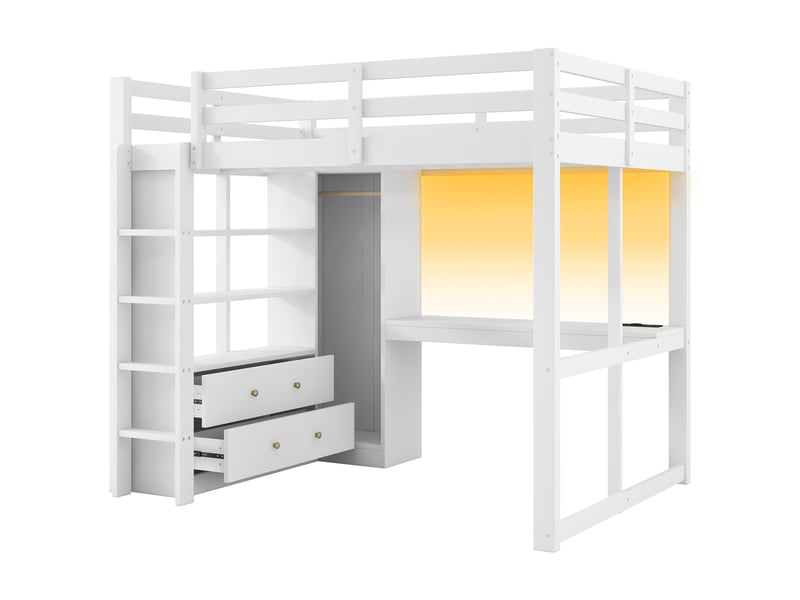  Lit mezzanine blanc 140x200 cm en pin et mdf avec bureau sous le lit, led, usb, deux tiroirs et étagères de rangement  - Conforama E