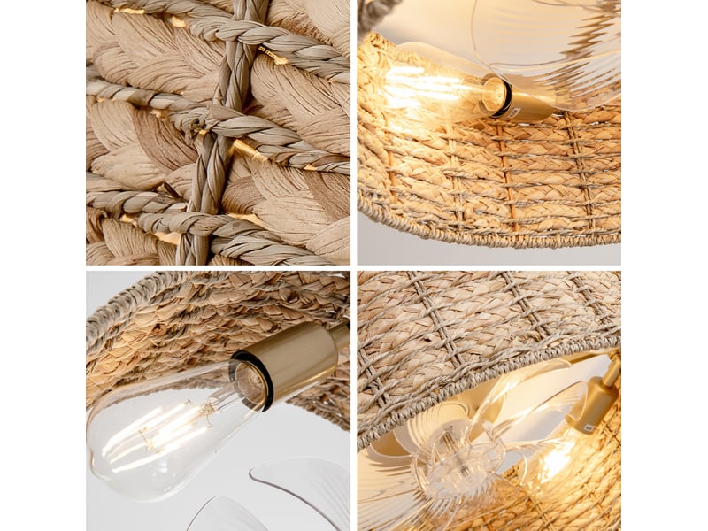  Plafonnier ventilateur 19 pouces en paille naturelle et cuivre, bluetooth, télécommande et 6 vitesses réversibles  - Conforama D