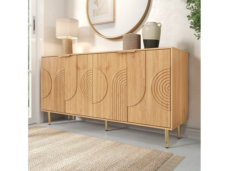 Buffet 140x40x72 cm, 4 portes, meuble salon, grand rangement avec étagères réglables, pieds métal doré, mdf naturel - Conforama B