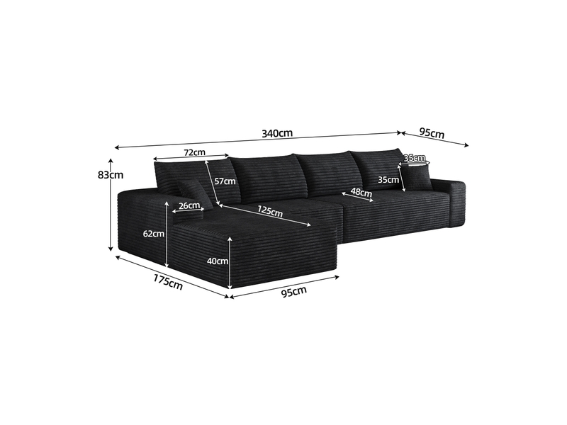 Canapé d’angle en l noir, 340 × 175 × 83 cm, configuration en l avec méridienne, espace de détente généreux, assise accueillante - Conforama C