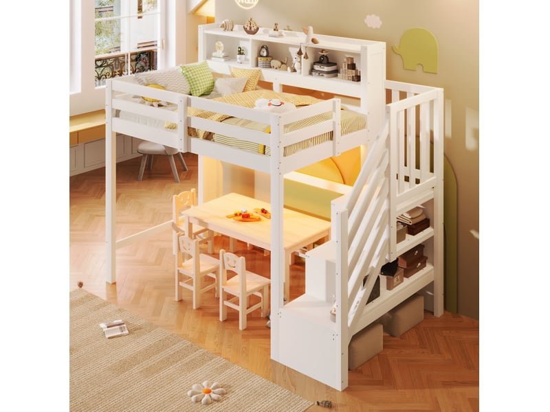  Lit mezzanine modenvie 90 x 200 cm avec led, rangement sous le lit, escalier de rangement, blanc  - Conforama B