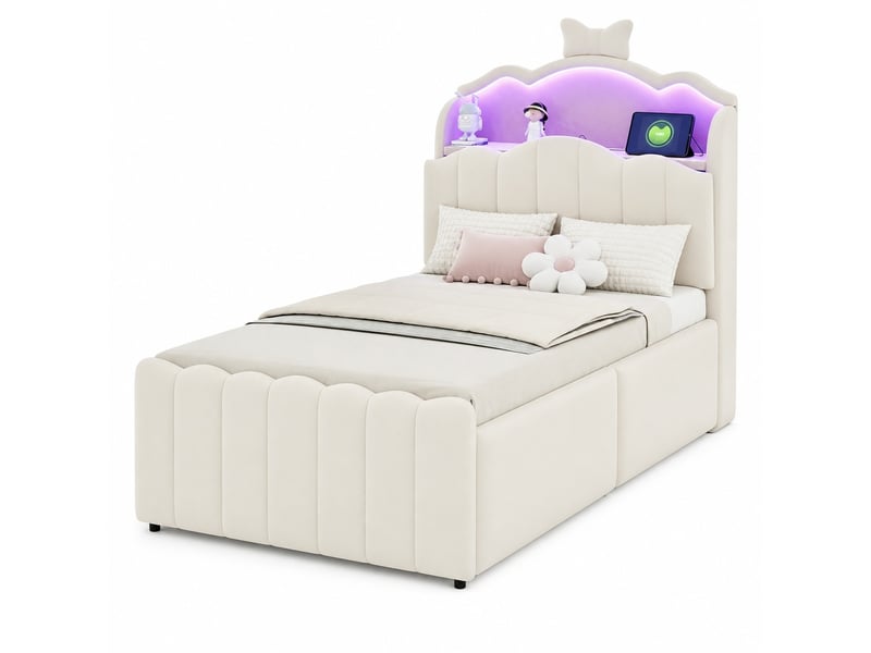  Lit enfant 90 x 200 cm beige en velours avec rangement hydraulique, led et ports usbusb-c  - Conforama A