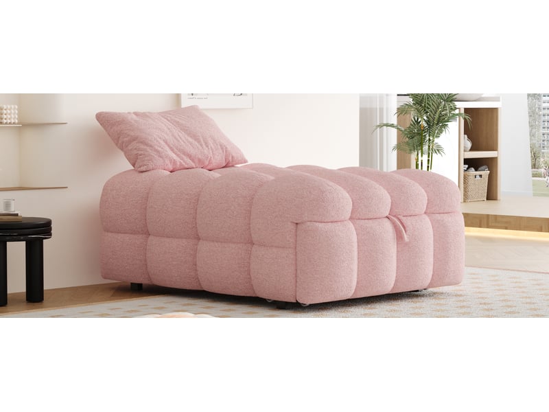 Lit gigogne 2 en 1 convertible en pouf 183 x 76 x 42 cm rose tissu teddy structure métal et bois fonction assise et couchage Sol Morn - Conforama D