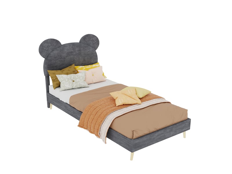  Modenvie lit coffre enfant 90x200 cm - tête de lit rembourrée forme cartoon, sans matelas - gris  - Conforama A