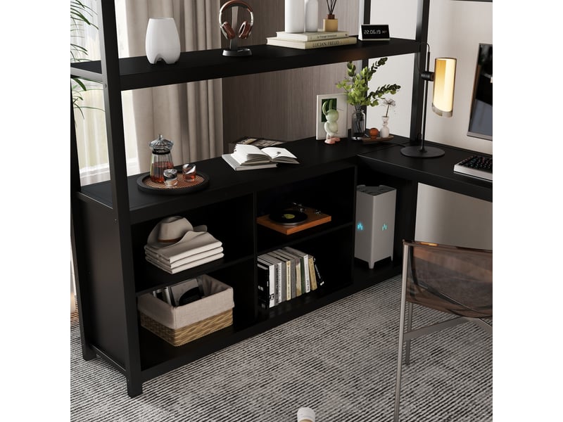  Lit surélevé en métal 140 × 200 cm, avec plusieurs étagères, armoire et bureau, compartiments de rangement au niveau supérieur, adapté aux adolescents, noir  - Conforama E