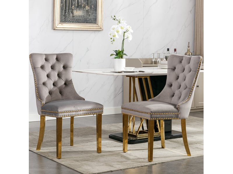  Lot de 2 chaises de salle à manger en velours gris et doré, pieds réglables  - Conforama C