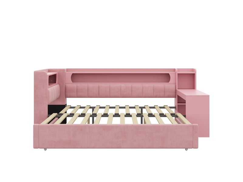  Lit enfant rembourré rose, 90x200 à 180x200 cm, avec bureau, rangement tête de lit, led et ports usb  - Conforama A