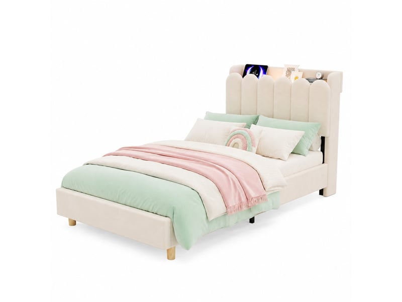 Lit enfant 90×200 cm avec rangement, veilleuse, usb et type-c, velours beige sans matelas  - Conforama A