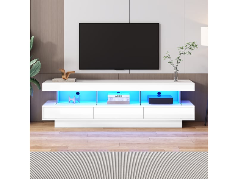 Meuble tv blanc laqué 160 cm avec led bluetooth pour tv 70 pouces - Conforama C