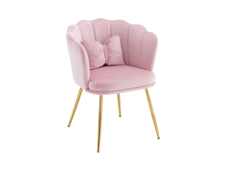 Set de 6 chaises modernes en velours rose avec dossier en pétale, coussins papillon et pieds en métal doré  - Conforama A