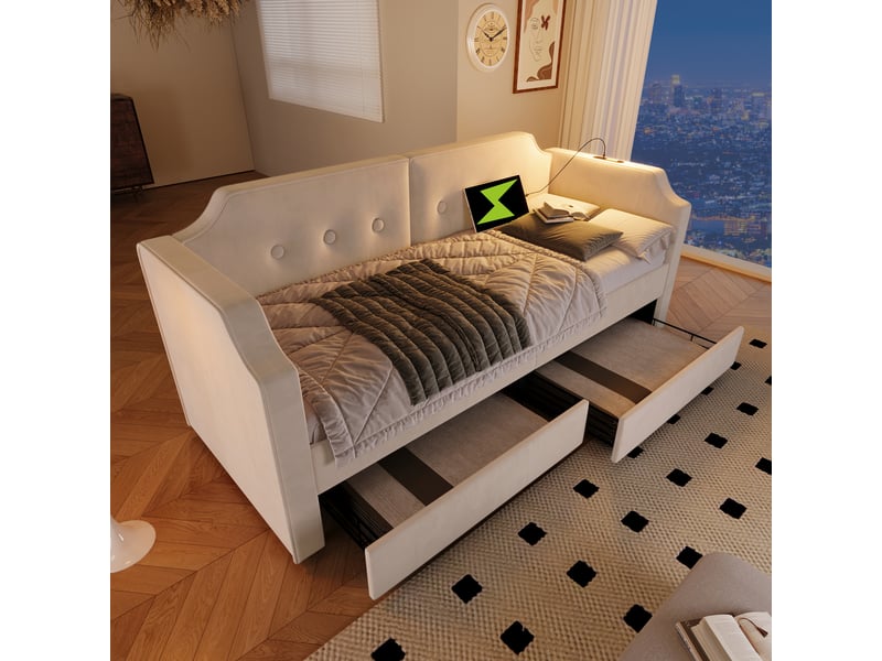  Lit avec rangement beige 90 x 200 cm avec 2 tiroirs et sans matelas  - Conforama B