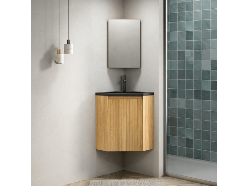  Meuble salle de bain d'angle suspendu 38cm avec vasque noire mate en résine et porte en bois massif  - Conforama B