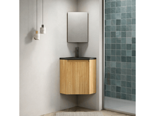 Meuble salle de bain d'angle suspendu 38cm avec vasque noire mate en résine et porte en bois massif