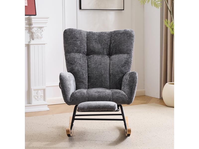 Rocking-chair en chenille avec coussins gonflables réglables, repose-pieds et rangement latéral, gris foncé - Conforama C