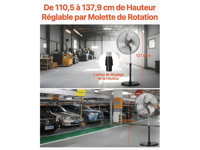  Ventilateur sur pied industriel noir, ventilateur oscillant 50 cm à 3 vitesses, ventilateur hauteur réglable pour salon et bureau  - Conforama E