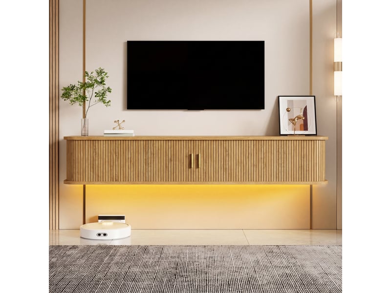  Meuble tv suspendu ovale en bois 175x30x30cm avec 2 portes coulissantes rainurées,tiroir,étagères réglables,led ,mdf,bois naturel BUYDEEMEUS - Conforama B