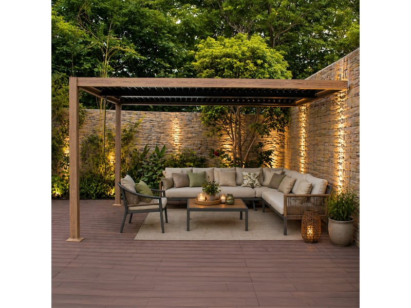  Pergola bioclimatique 4x3m adossée effet bois sifnos  - Conforama D