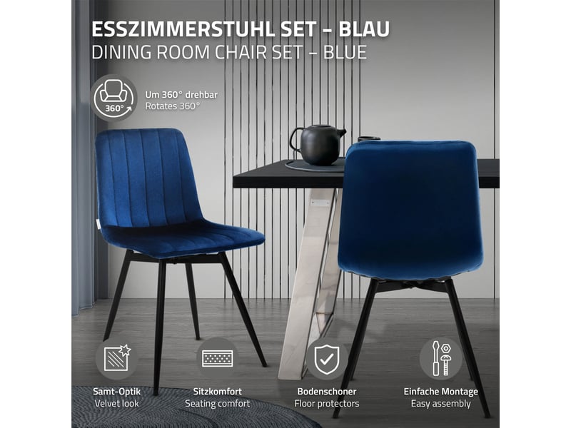 Ml-design chaise de salle à manger en velours, lot de 4, pivotante 360 degrés, avec dossier, pieds en métal, design moderne mid-century, patins réglables, pour cuisine salon, 120 kg, bleu foncé - Conforama C
