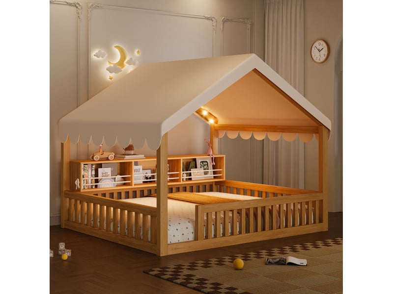  Lit cabane 140x200 cm avec baldaquin, led et bibliothèque mdf bois naturel sans matelas  - Conforama C