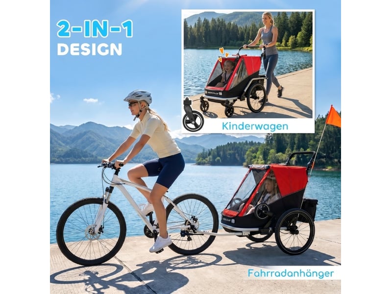  Remorque vélo enfant 2 places 148x83x102 cm – rouge – poussette 2-en-1, dossiers inclinables pliable  - Conforama E