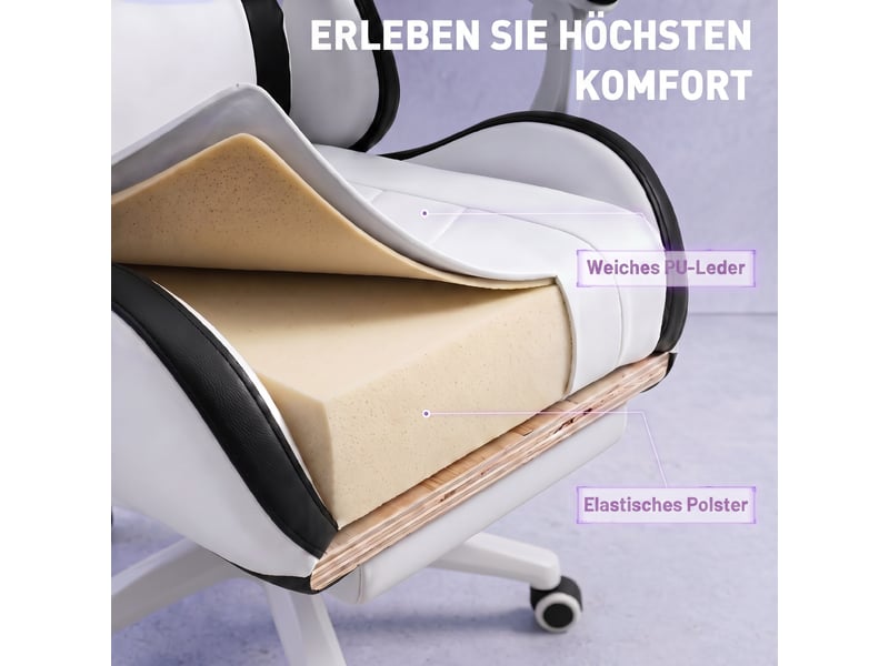  Chaise de bureau gaming blanche et noire, fauteuil gaming inclinable 135° avec repose-pieds  - Conforama W