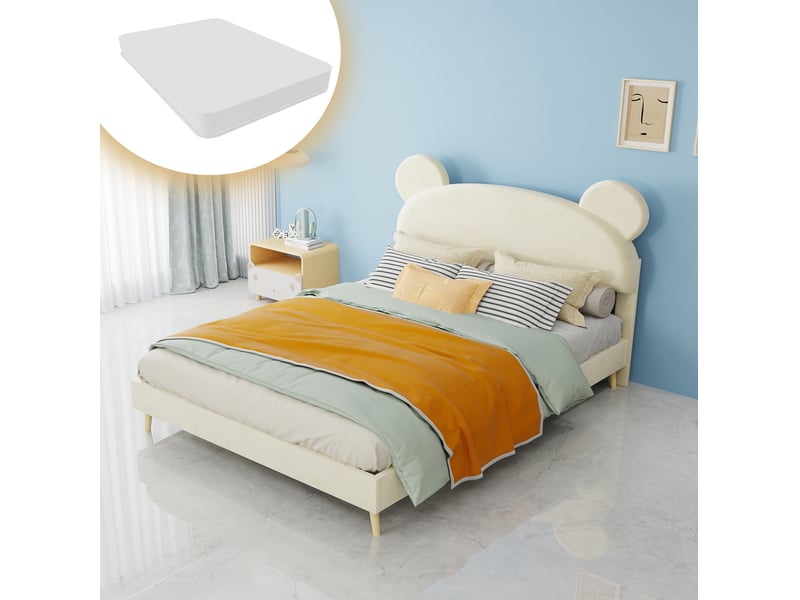  Lit enfant 140x200 cm avec matelas à ressorts ensachés 23 cm, tête de lit oreilles d’ours, tissu et métal beige  - Conforama D