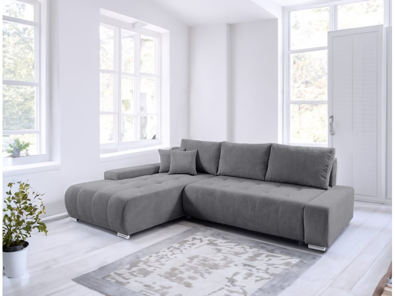  Canapé d'angle convertible velutti l velours côtelé poso gris foncé, méridienne gauche avec coffre  - Conforama B