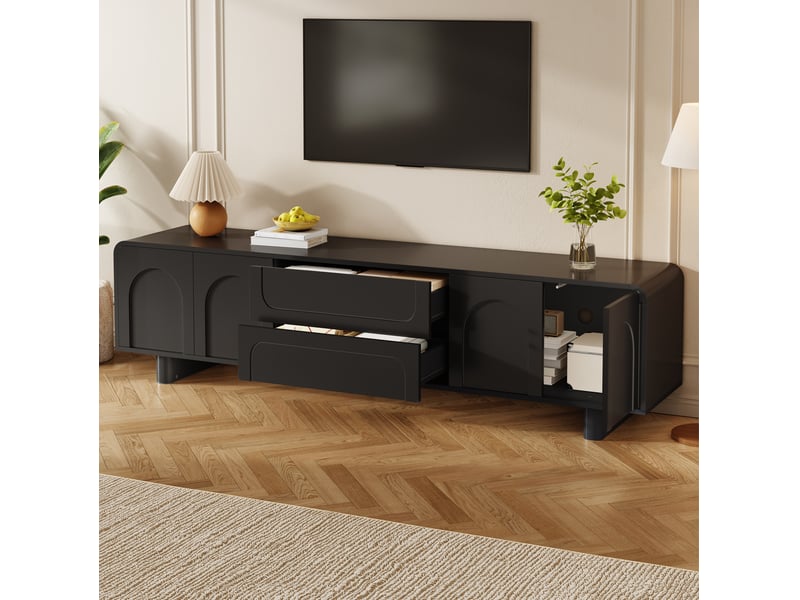  Meuble tv noir en mdf et panneaux de particules avec 4 portes et 2 tiroirs - 180 x 40 x 46 cm  - Conforama D