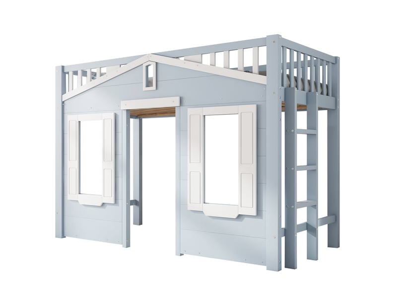  Lit mezzanine bleu 90x200 cm, pin, mdf et contreplaqué, échelle réversible, fenêtres et espace libre sous le couchage  - Conforama A