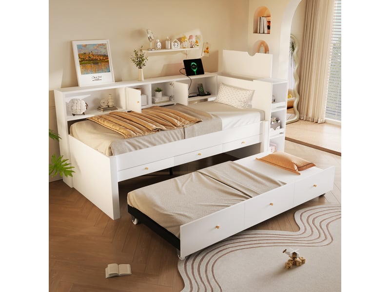  Lit gigogne enfant en bois 90x200 cm avec lit tiroir 90x190 cm, 3 tiroirs de rangement, prise usb, étagères latérales et couchage supplémentaire-blanc  - Conforama B