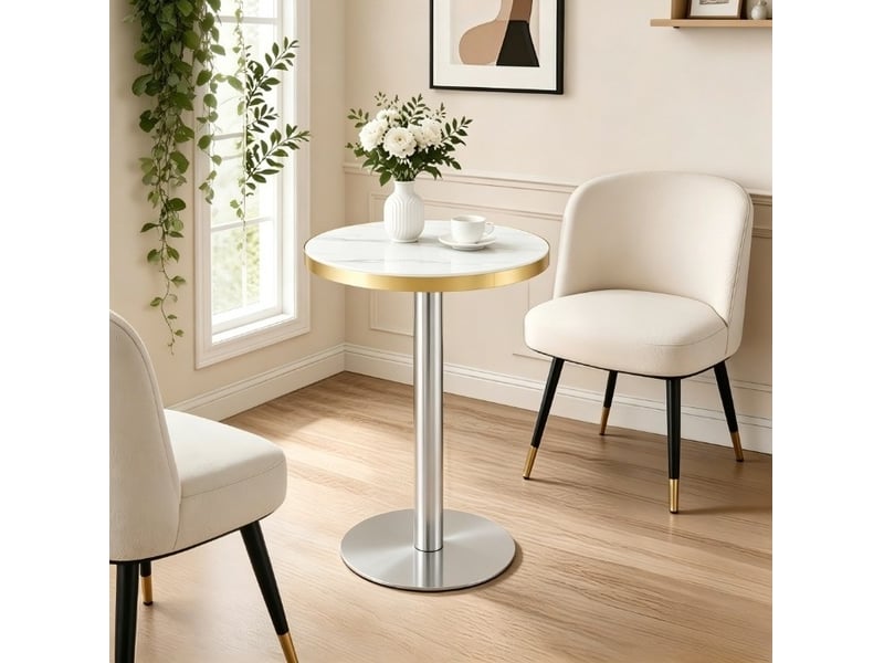  Table basse fixe ronde effet marbre avec plateau bord doré et piètement central en métal pour salon blanc 60 × 73,7 cm  - Conforama E