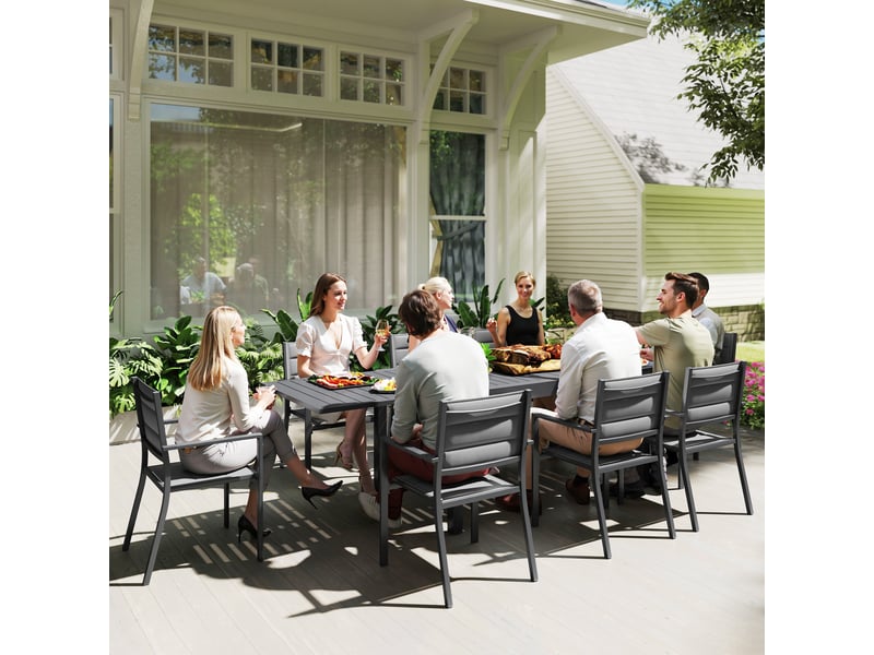 Salon de jardin table extensible 135-270 cm en aluminium et textilène 610 personnes 8 chaises empilables gris - Conforama C