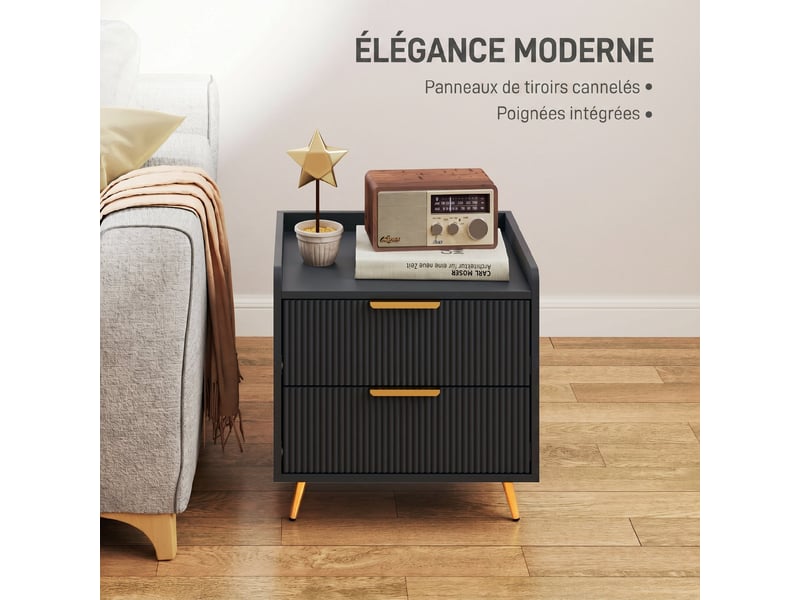  Table de chevet 50 x 40 x 50 cm avec 2 tiroirs rainurés rangement sécurisé anti-basculement moderne épuré en mdf noir 21_0001640  - Conforama C