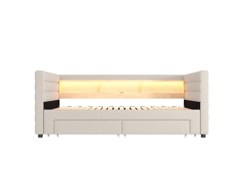  Lit banquette beige 90x190 cm extensible avec 2 tiroirs, led, usb et type-c  - Conforama A