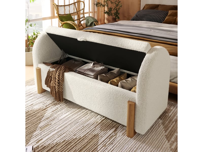  Banc de rangement 106 cm avec coffre hydraulique tissu bouclette blanc et pieds en bois massif  - Conforama E