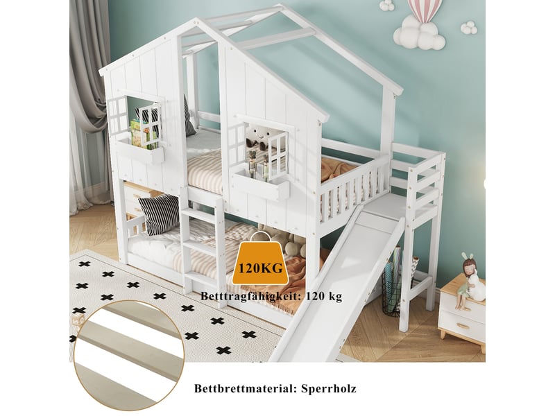 Lit superposé enfant 1 place 90×200 cm toboggan et barrières - toit, fenêtres, sans matelas, blanc naturel - Conforama E