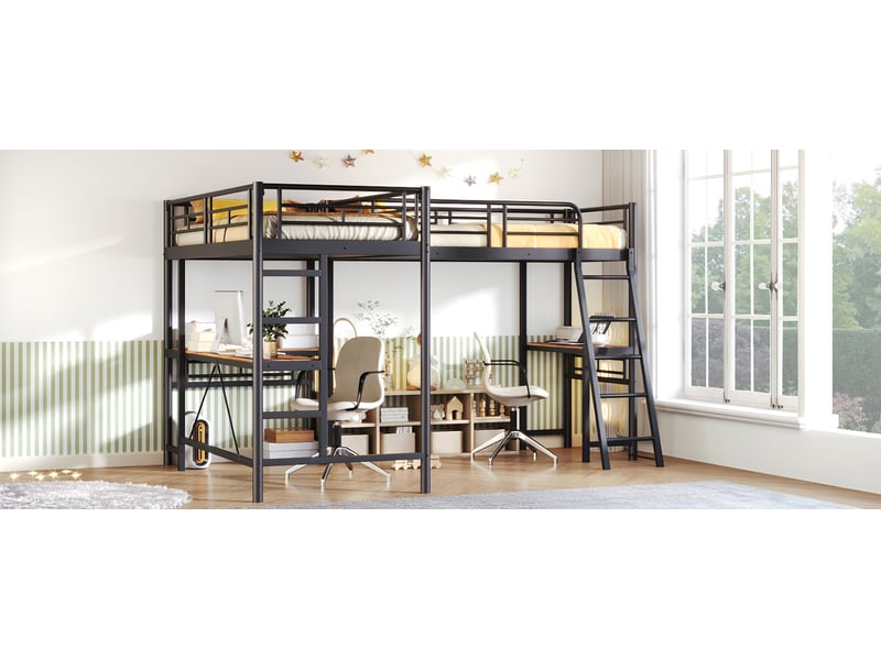 Lit mezzanine enfant simple 200×90 cm, bureau et double échelle - okmyhome- métal noir, sans matelas  - Conforama E